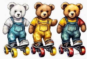 a teddy bear in roller skates and yellow overalls tattoo idea