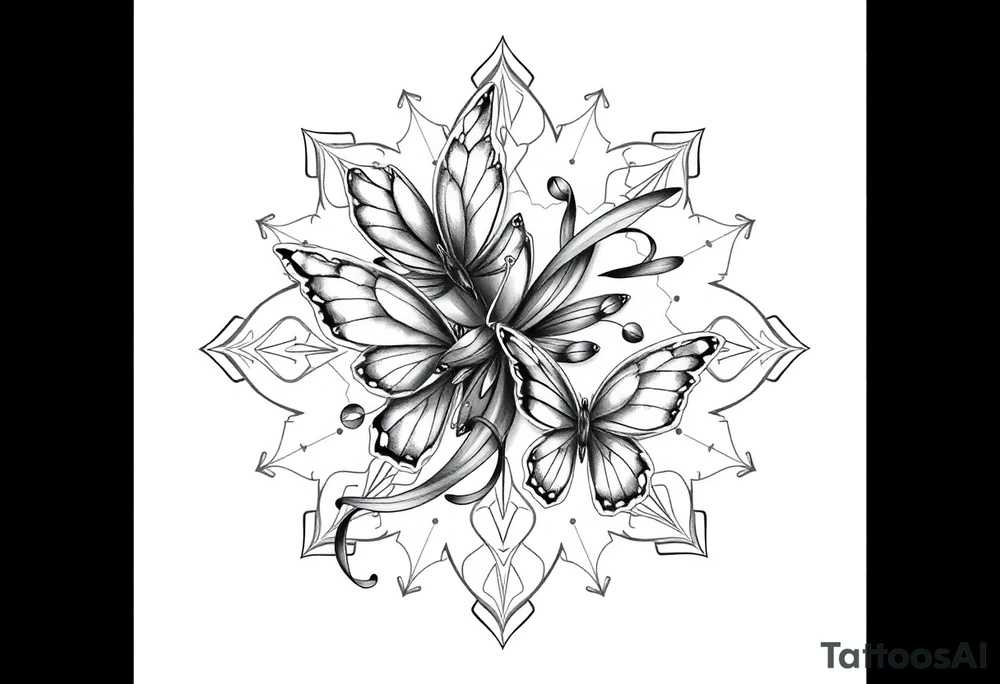 ethereal butterflies with flowing silk ribbons in geometric mandala tattoo idea