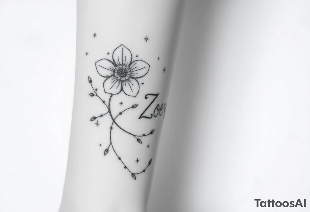 I want it on my wrist. I want a beautiful flower on the inside of my wrist with tendrils down the inside of my arm with little delicate stars or motes and the name Zoey

Why are you showing it on a back? I want it on the inside of my wrist

I want it to be a little smaller. I want the lines to be super fine. I want more organic delicate tendrils. The name Zoey should be about 3" up on the inside of my arm 

I just want the tendrils to look more natural and flowy and graceful.
I do not want stars in it anymore. 
Please show it on the inside of the wrist with the blossom just below the palm and the tendrils curling up the inside of the arm. I want a little more tendrils with some little sparkles very delicate leading to the name
More options. Make it super delicate and graceful. The tendrils can have tiny delicate leaves 

It needs to be on the underside of the wrist on the inside flowing up the arm
More tendrils and more sparkles tattoo idea