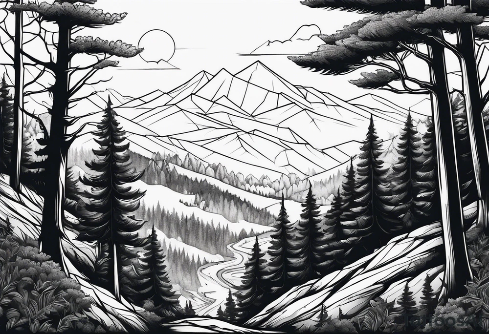 forest along the edges where there are fires below and in the distance with full trees tattoo idea