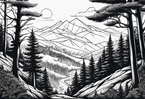 forest along the edges where there are fires below and in the distance with full trees tattoo idea