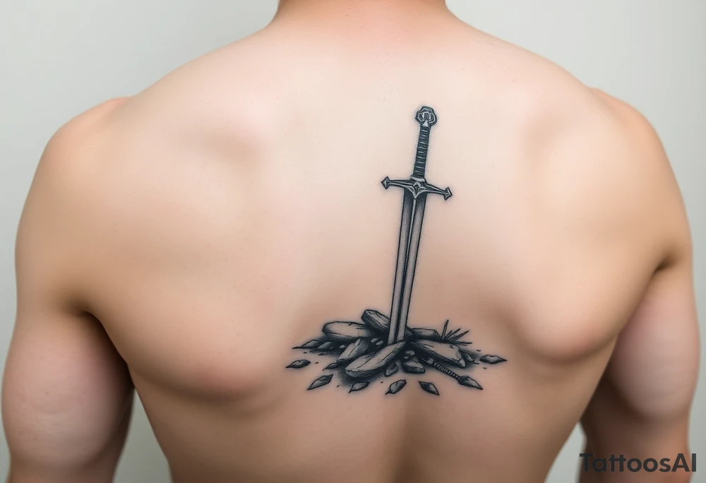 realistic sword in the ground on left arm tattoo idea