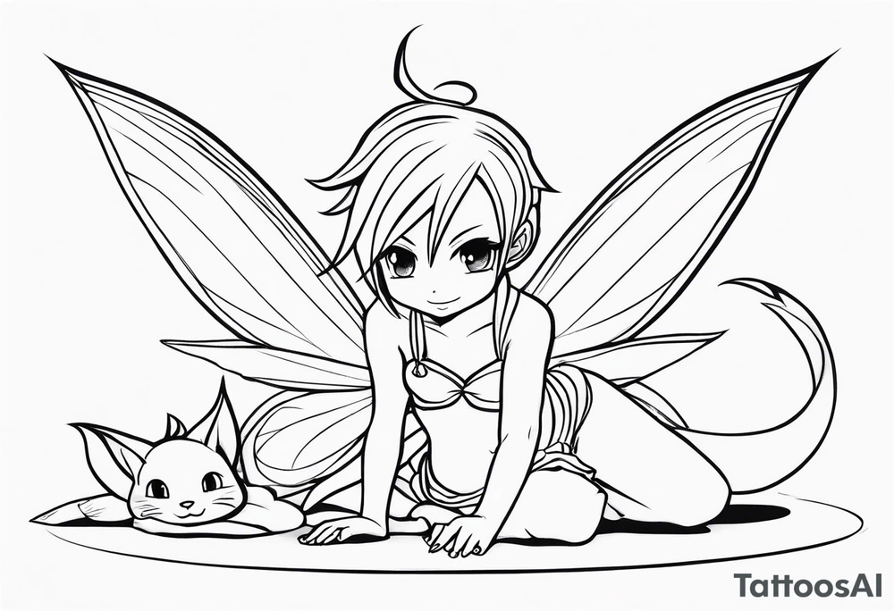 No color fairy with a tail inspired by the anime show called Fairy Tail in a fetal position leaning in and forward while crawled in tattoo idea