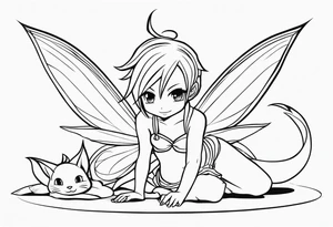 No color fairy with a tail inspired by the anime show called Fairy Tail in a fetal position leaning in and forward while crawled in tattoo idea