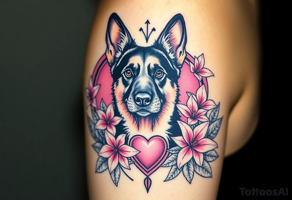 strong looking short haired german shepherd with alert ears surrounded by pink lilies with large leaves in front of a sacred heart tattoo idea