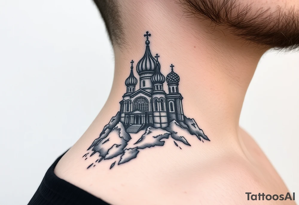 russian orthodox christian left arm tattoo with st basils cathederal in a mountainous setting with clouds tattoo idea