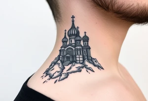 russian orthodox christian left arm tattoo with st basils cathederal in a mountainous setting with clouds tattoo idea