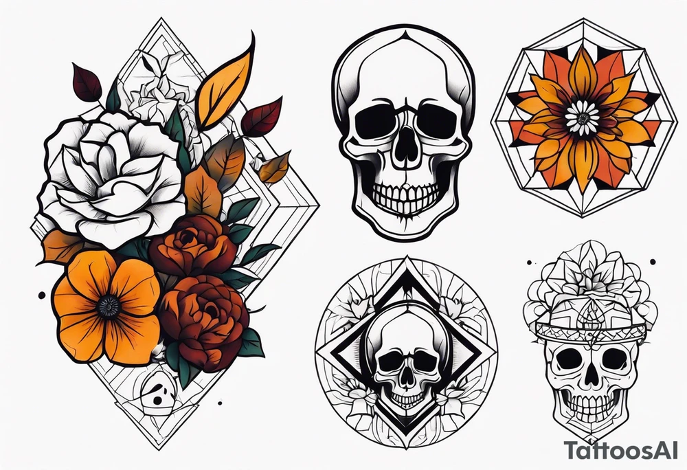 Knee tattoo with fall colors, flowers, skulls and geometric shapes. tattoo idea