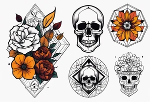 Knee tattoo with fall colors, flowers, skulls and geometric shapes. tattoo idea