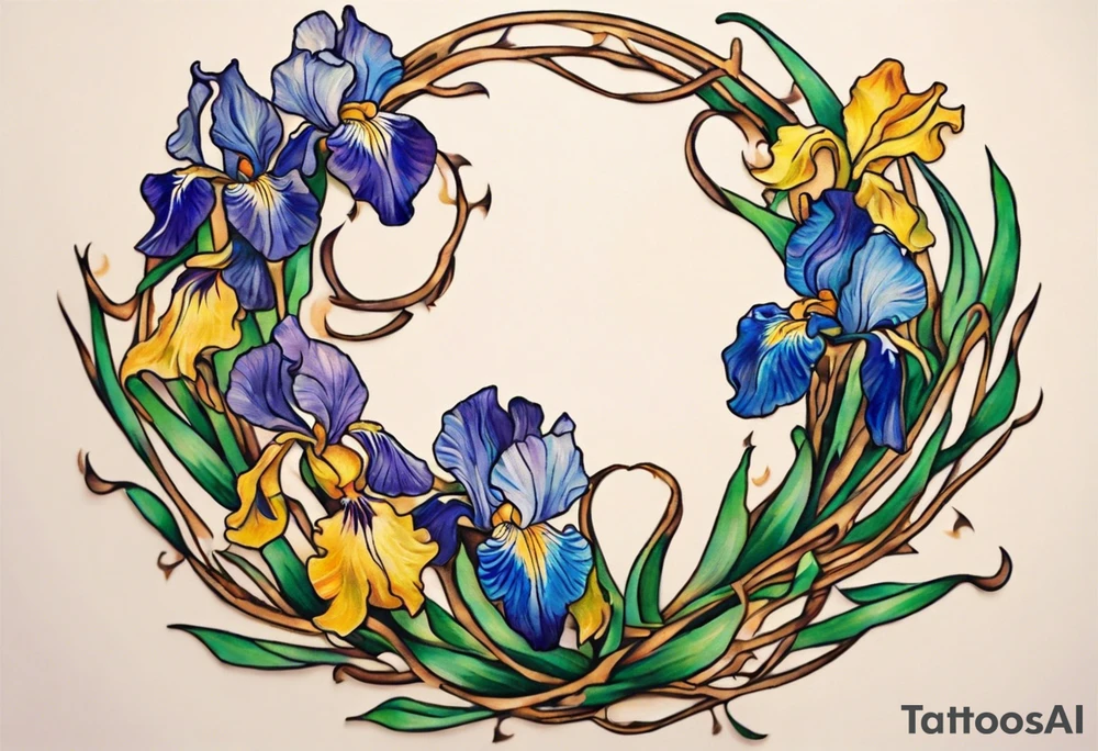 Create a small colorful Vincent van Gogh Irises tattoo in the form of a crescent, with vines gracefully intertwining at a central point in the middle of the wreath. The intended placement is on the upper chest. The overall design should be small in size while maintaining a delicate and artistic aesthetic. Pay attention to the graceful flow of the vines and the placement of the irises to achieve a refined and elegant look. tattoo idea