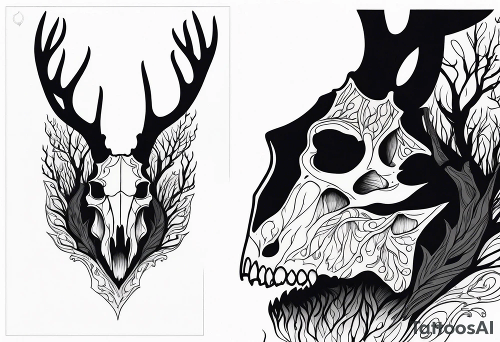 side profile of a deer skull JUST BONE surrounded by a flames and trees tattoo idea