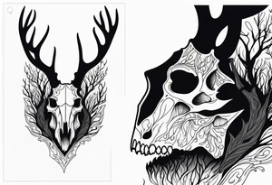side profile of a deer skull JUST BONE surrounded by a flames and trees tattoo idea
