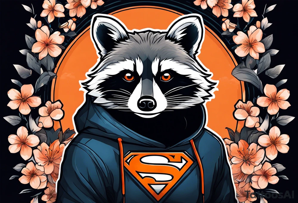 Raccoon wearing a white Superman logo on a black hoodie and orange Japanese cherry blossoms tattoo idea