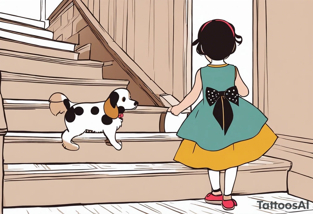 5 year old girl. Facing away and walking up steps which look like large books. The binding of the books being the front of the stairs. The girl has her hair partially up, with a bow securing her hair. She's wearing a puffy a-line, polka dot dress. In one hand, she's holding the arm of a stuffed dog, in the other she hold the hand of someone who's arm slowing disappears. tattoo idea