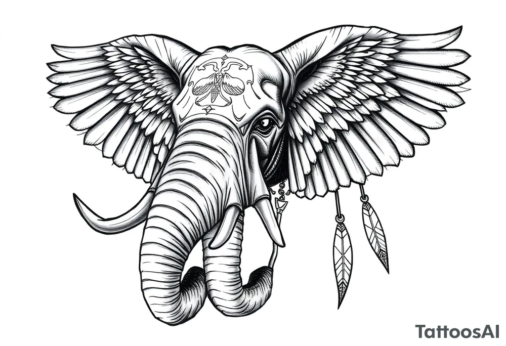 A horned African elephant with ears that resemble the wings of a falcon and covered in Egyptian symbolism tattoo idea