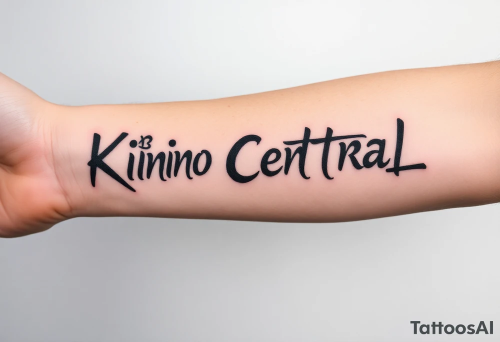 Forearm tattoo of the words kino central tattoo idea