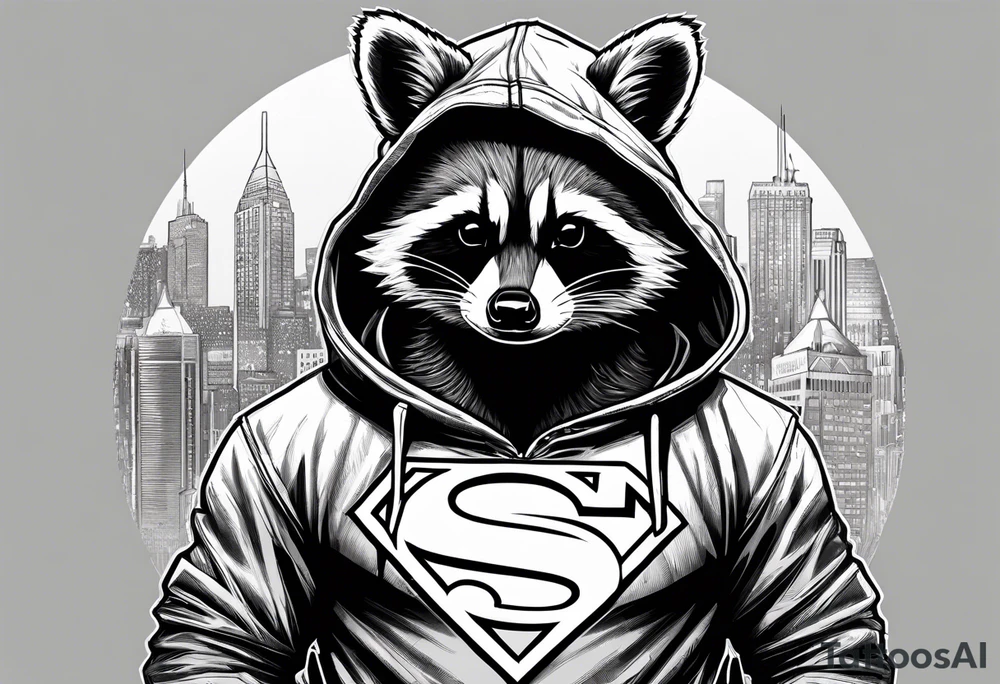 raccoon wearing a Superman hoodie tattoo idea