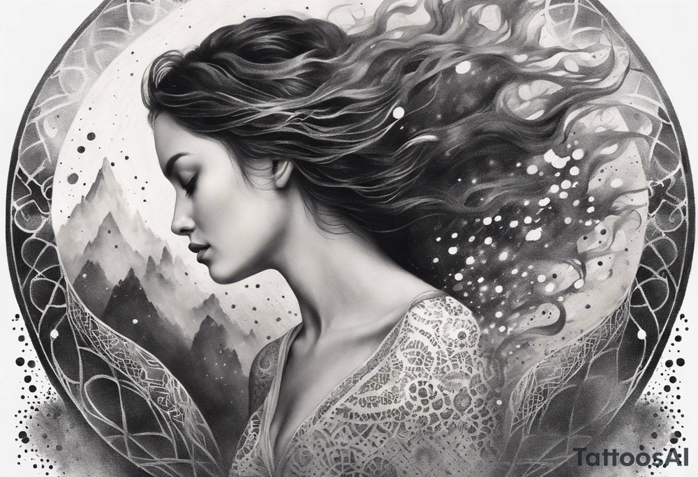 Resurrection Beautiful Woman walking through fire and chaos to inner peace and self-love  ethereal tattoo idea