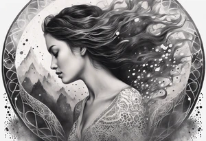 Resurrection Beautiful Woman walking through fire and chaos to inner peace and self-love  ethereal tattoo idea
