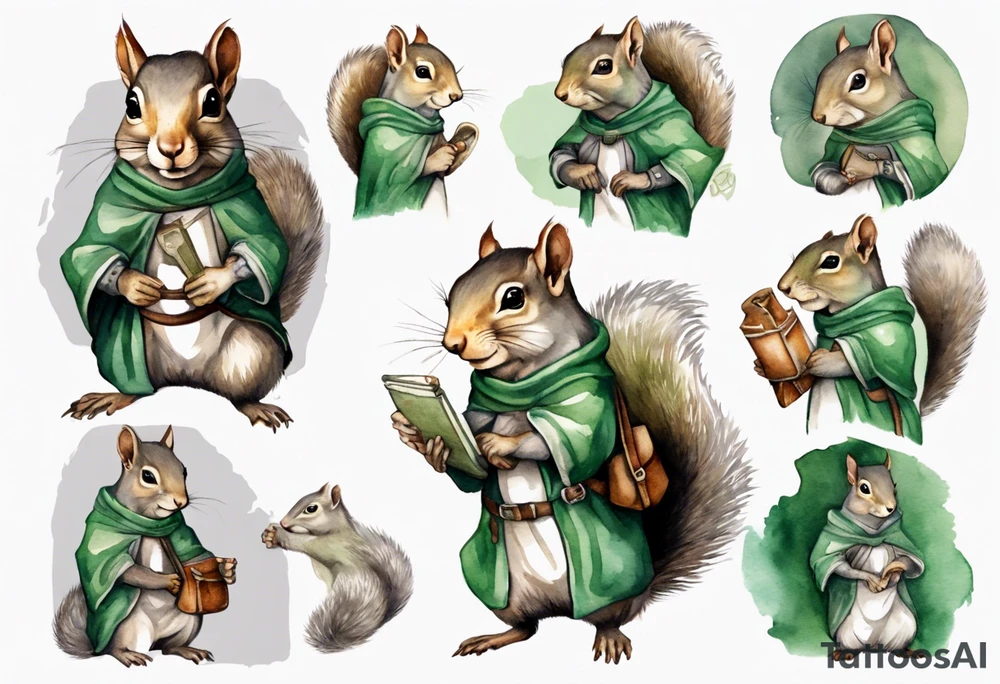 a grey squirrel dressed in a grey and green tunic wearing a medieval messenger bag tattoo idea