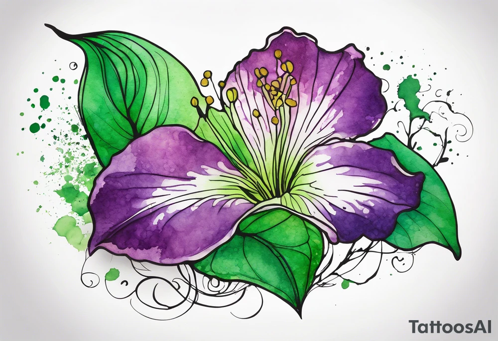 An outline of a green rio dipladenia flower and a green/purple watercolor splash in the background tattoo idea