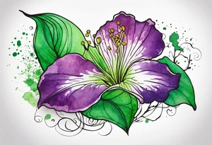 An outline of a green rio dipladenia flower and a green/purple watercolor splash in the background tattoo idea