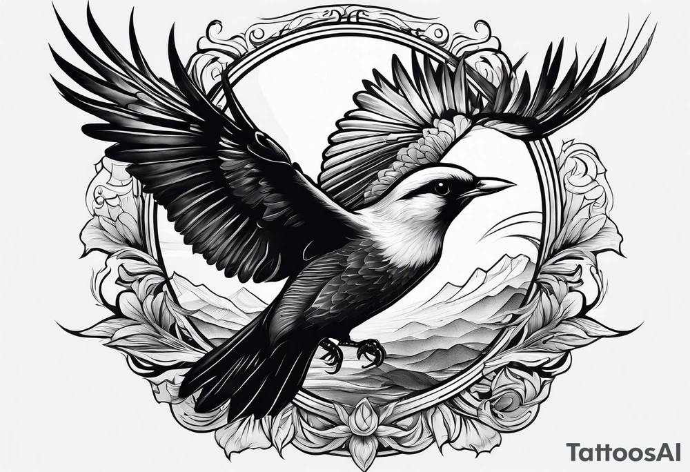 Beautiful bird flying to sundown tattoo idea