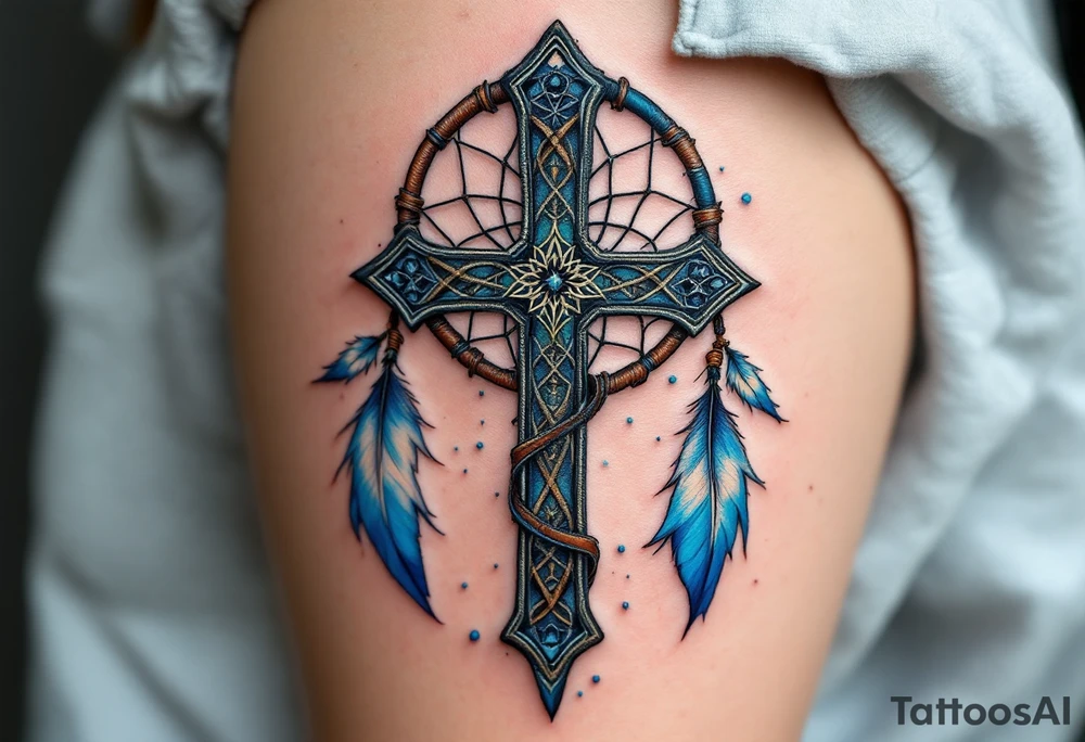 A Celtic cross fused with a dreamcatcher, decorated with brown leather straps and blue and white feathers. tattoo idea