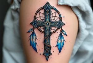 A Celtic cross fused with a dreamcatcher, decorated with brown leather straps and blue and white feathers. tattoo idea