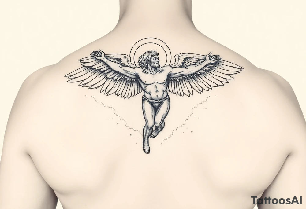 Icarus falling from the sky with clouds around him tattoo idea