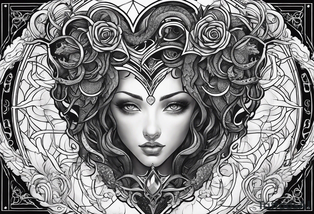 Lovecraftian creature protecting heart. Long tattoo for sleeve. Vertical. tattoo idea