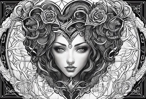 Lovecraftian creature protecting heart. Long tattoo for sleeve. Vertical. tattoo idea