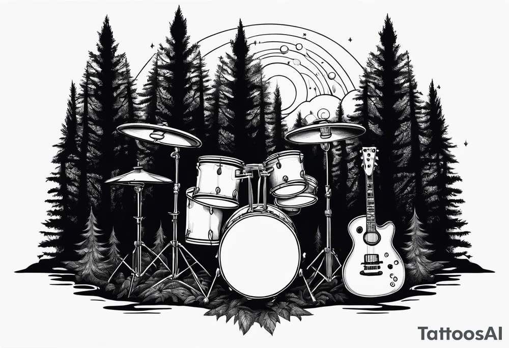 Tool band, drums, acoustic guitar, night, forest tattoo idea