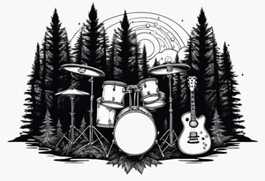 Tool band, drums, acoustic guitar, night, forest tattoo idea