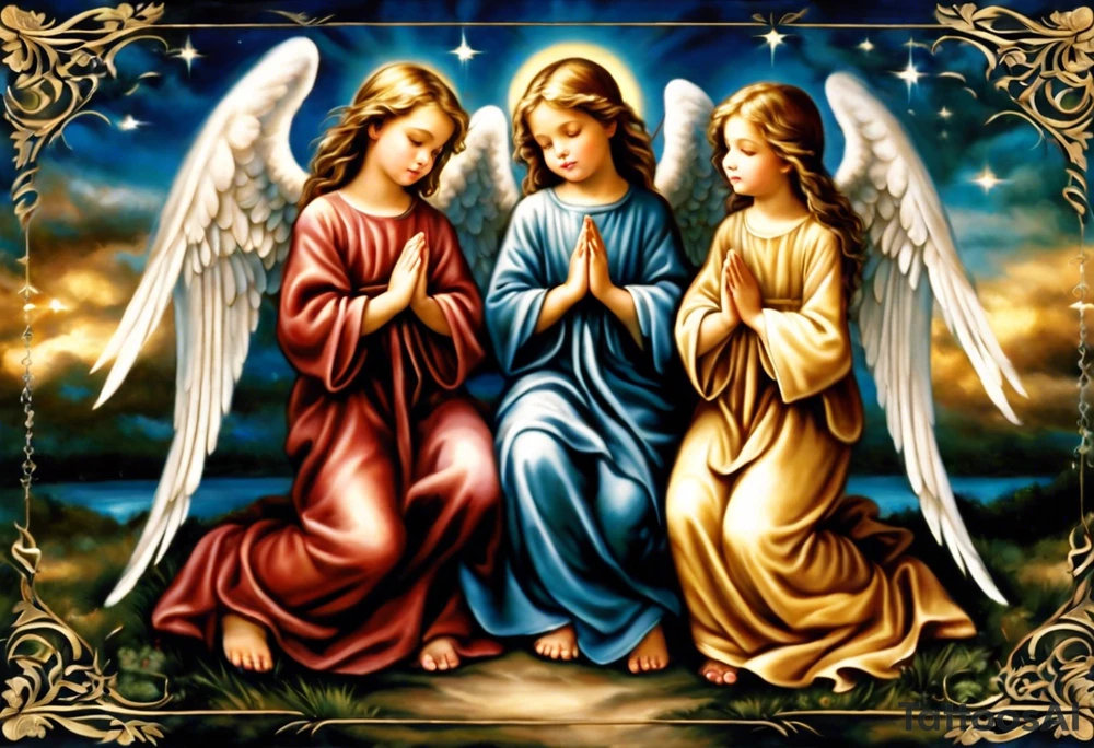 n the center of the tattoo, there's a serene scene of three angels praying together. The two boy angels are on either side of the girl angel, with their wings gently enfolding her in a protective embrace. Each angel has a peaceful expression on their face, and their hands are clasped together in prayer. Rays of light emanate from above, surrounding the angels with a divine glow. tattoo idea