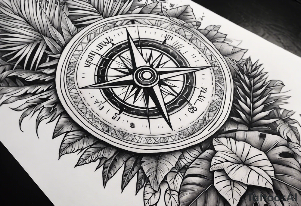 arm sleeve, jungle plants, compass, all-seeing eye tattoo idea