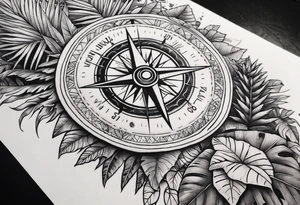 arm sleeve, jungle plants, compass, all-seeing eye tattoo idea