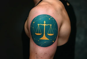 A minimalist design places the Libra symbol in pale yellow above dotted constellation lines on a rich teal circle. tattoo idea