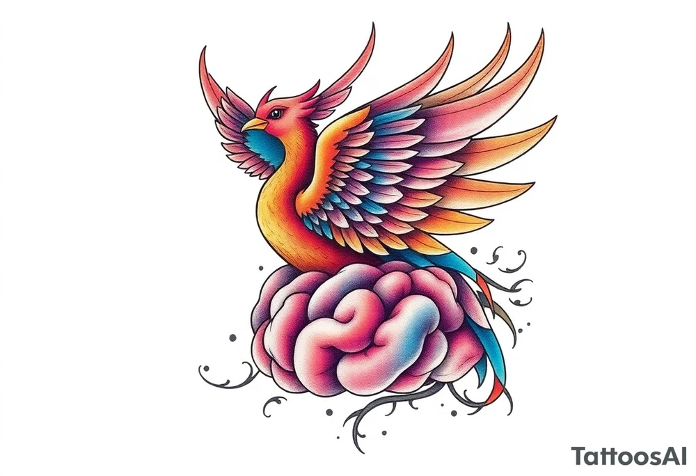 Colorful phoenix flying out of a brain with 3-16-24 tattoo idea