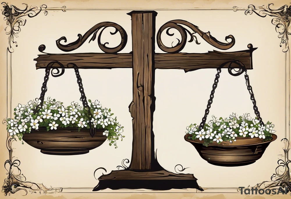 I need you to draw me a old libra scale out of tattered wood. The ends of the cross of wood need to be  broken. I need the bottom to look tattered possible cracks and holes  in wood of scale. I need vines with little white flowers wrapped all the way up the scale across the wood beam. And I want the scale bowls need to be attached by the vines. And I want the two weights of the scale to be wooden as well. They also need to look tattered. The weights need to be fastened on by the vines. I need to make it look like the ends of the vines on both scales is just loosely. I need to incorporate pieces koi fish in beautiful blues greens, and pinks.The fish need to be one on each scale balancing the scale and the tail of the left on, pointing down. the beautiful fish tail fins needs to be covering part of the tattered piece and the fish on the rights tail will be facing unpard with the fin of beauty starting to court the same pic tattoo idea