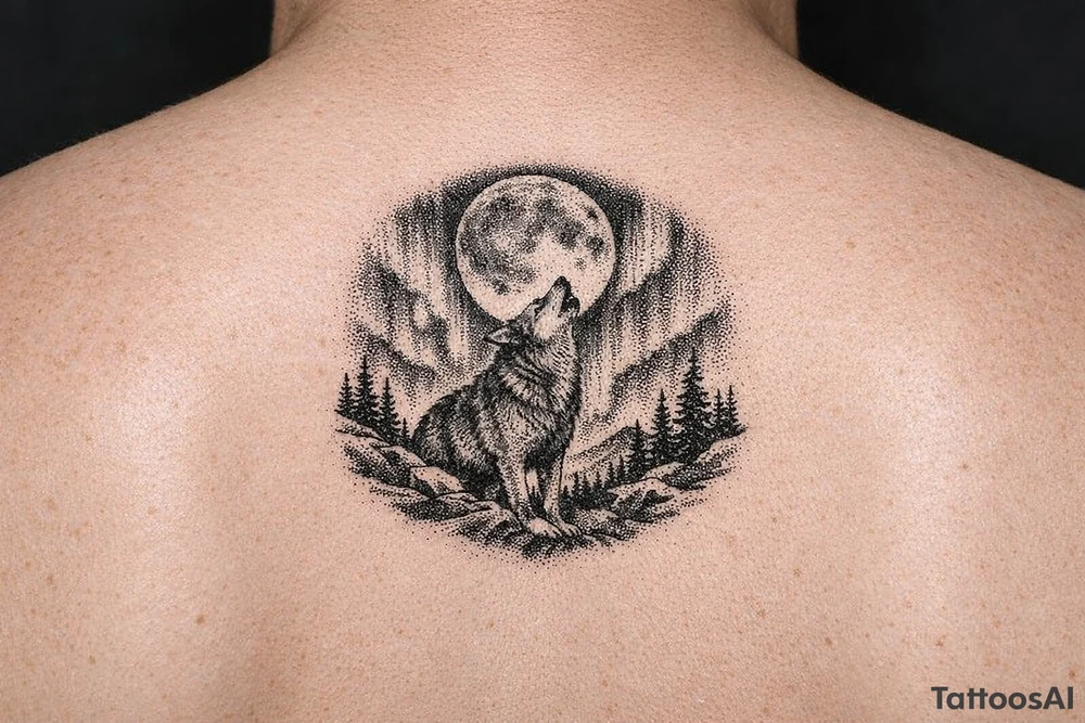 lone wolf howling at full moon with northern lights backdrop tattoo idea