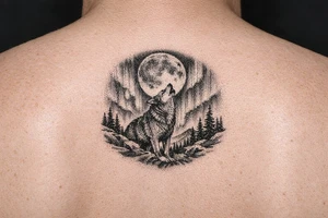 lone wolf howling at full moon with northern lights backdrop tattoo idea