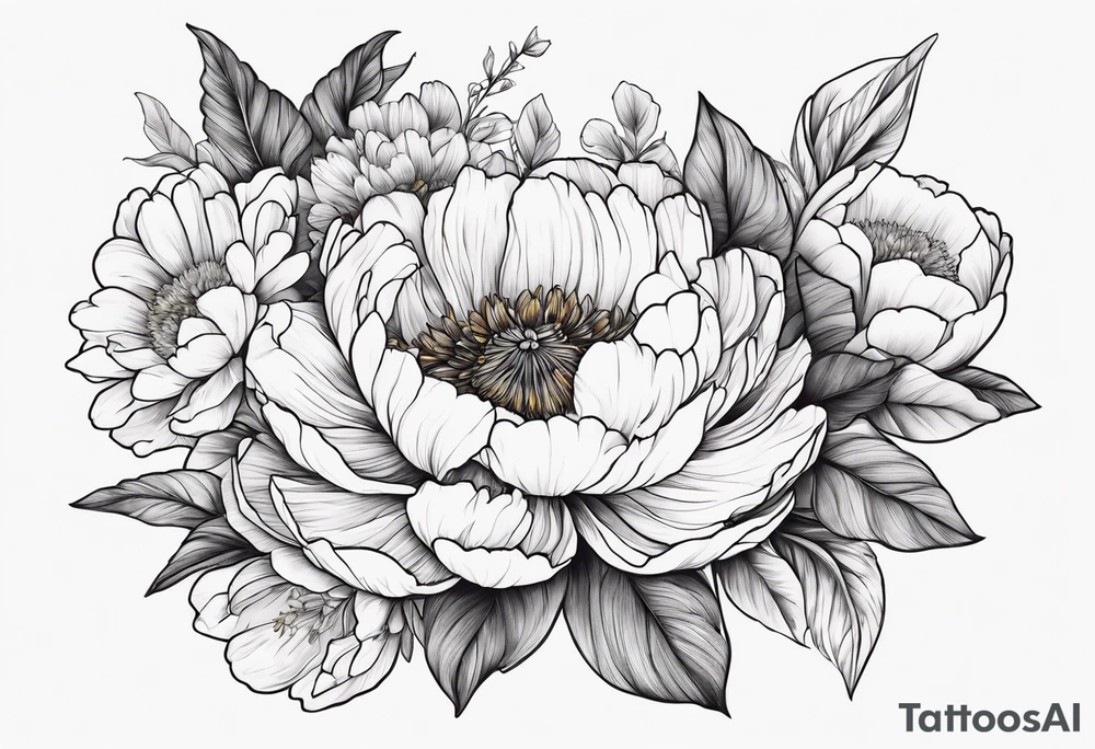 peony calendula sunflower tulip cherry blossom and ginko leaf tattoo idea