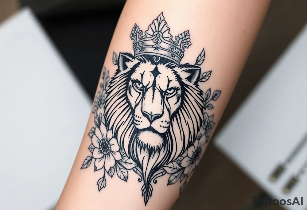 powerful majestic lion with a crown, surrounded by floral ornaments and birds tattoo idea