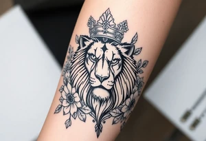 powerful majestic lion with a crown, surrounded by floral ornaments and birds tattoo idea