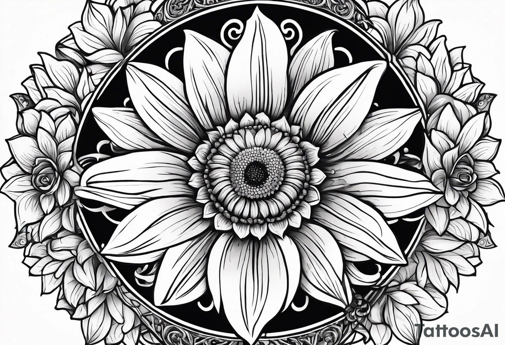 Sun Flower in the middle, Rose and Lily on top and a Gerbera daisy on the bottom tattoo idea