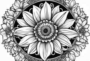 Sun Flower in the middle, Rose and Lily on top and a Gerbera daisy on the bottom tattoo idea