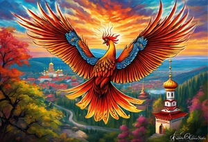 russian firebird in-flight with long fancy tail and 3 small onion cap monastery towers in background, with "Isaiah 43: 18-19" tattoo idea