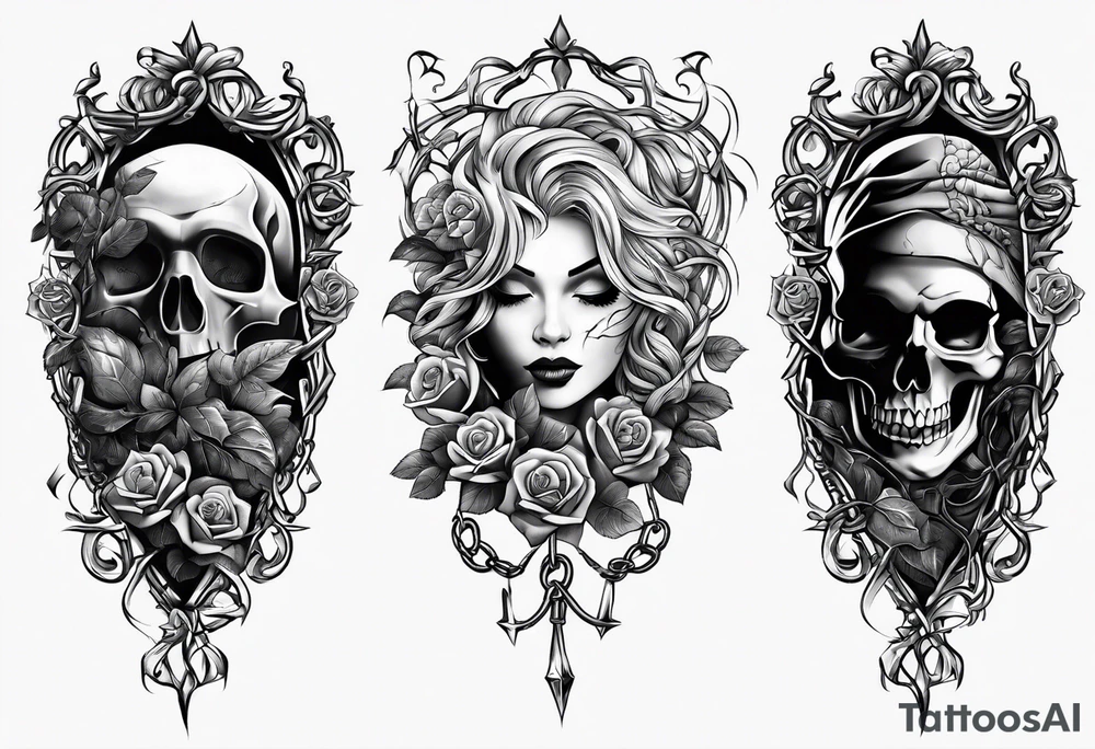 tattoo fool sleeve, old broken gothic home, broken sword, tree roots break out of the chains, roses tattoo idea