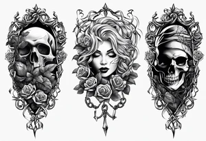 tattoo fool sleeve, old broken gothic home, broken sword, tree roots break out of the chains, roses tattoo idea
